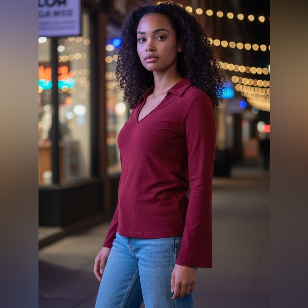 New York & Company Burgundy V-Neck Blouse
